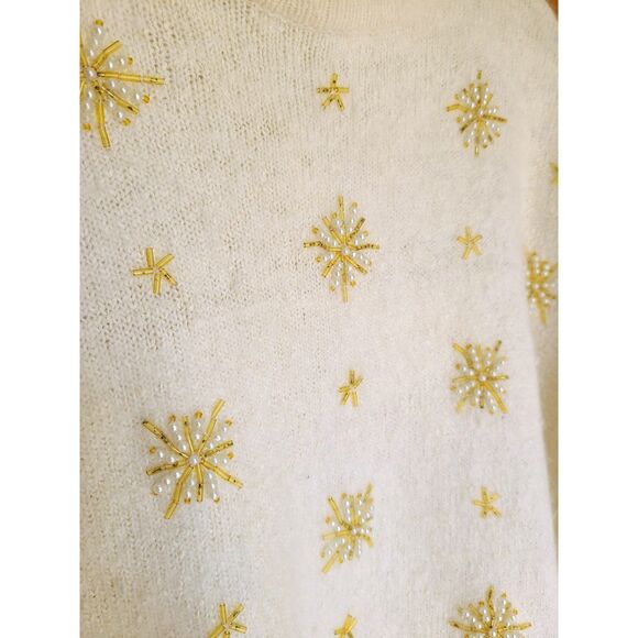 Cezanne Silk Angora Lambswool‎ Cream Beaded Wool Sweater LARGE Winter Snowflake - Picture 5 of 6
